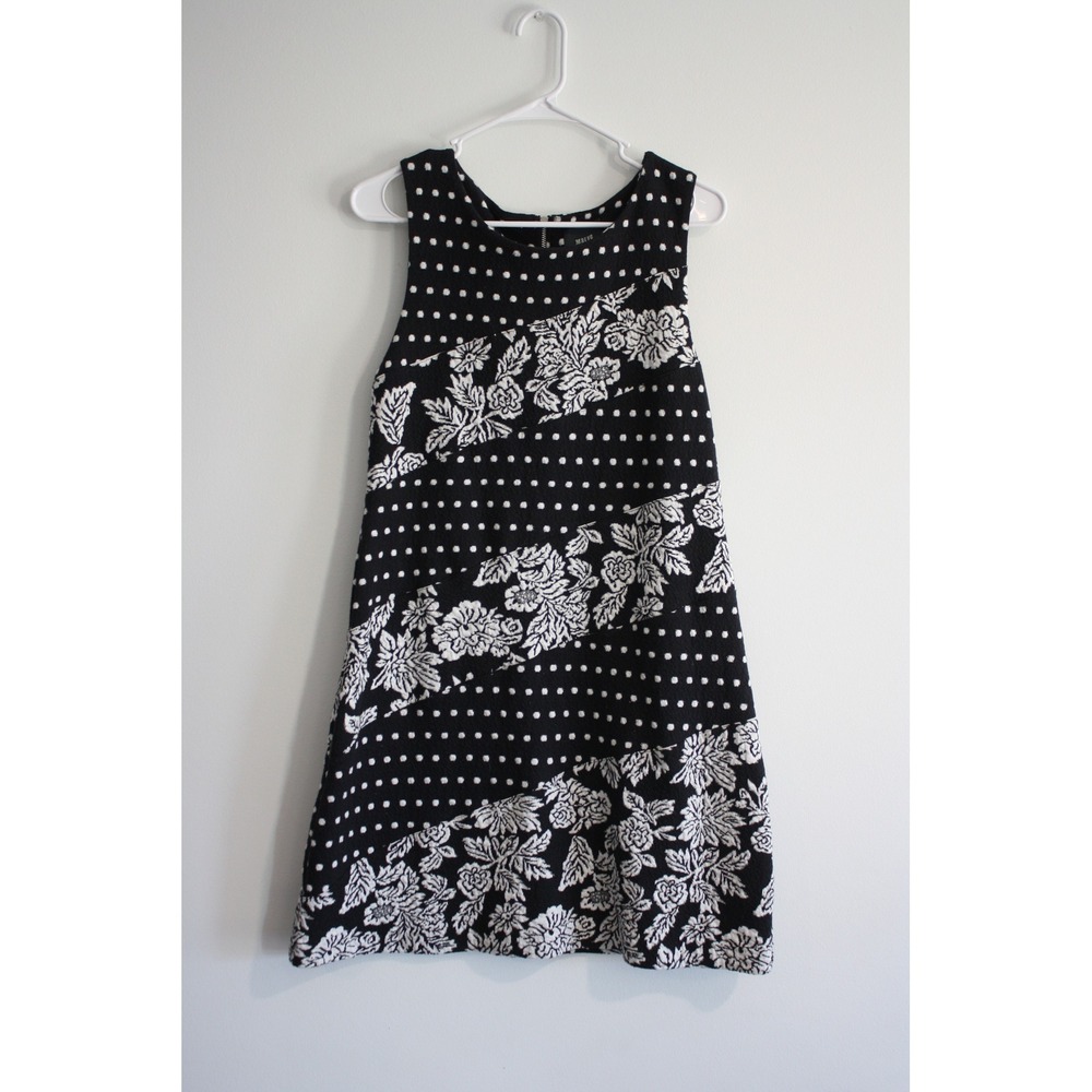 Maeve Polka Dot Floral Shift Dress Womens Medium Black White Anthropologie‎ Mod